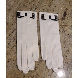 New? Vtg Size S 6.5 White Soft Leather Formal 8.5" Gloves Black Bow Brass Studs
